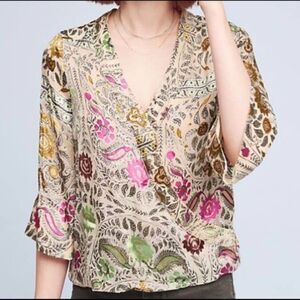 Anthropologie Floreat Japonica Floral Silk Blend Velvet Wrap Blouse Small
